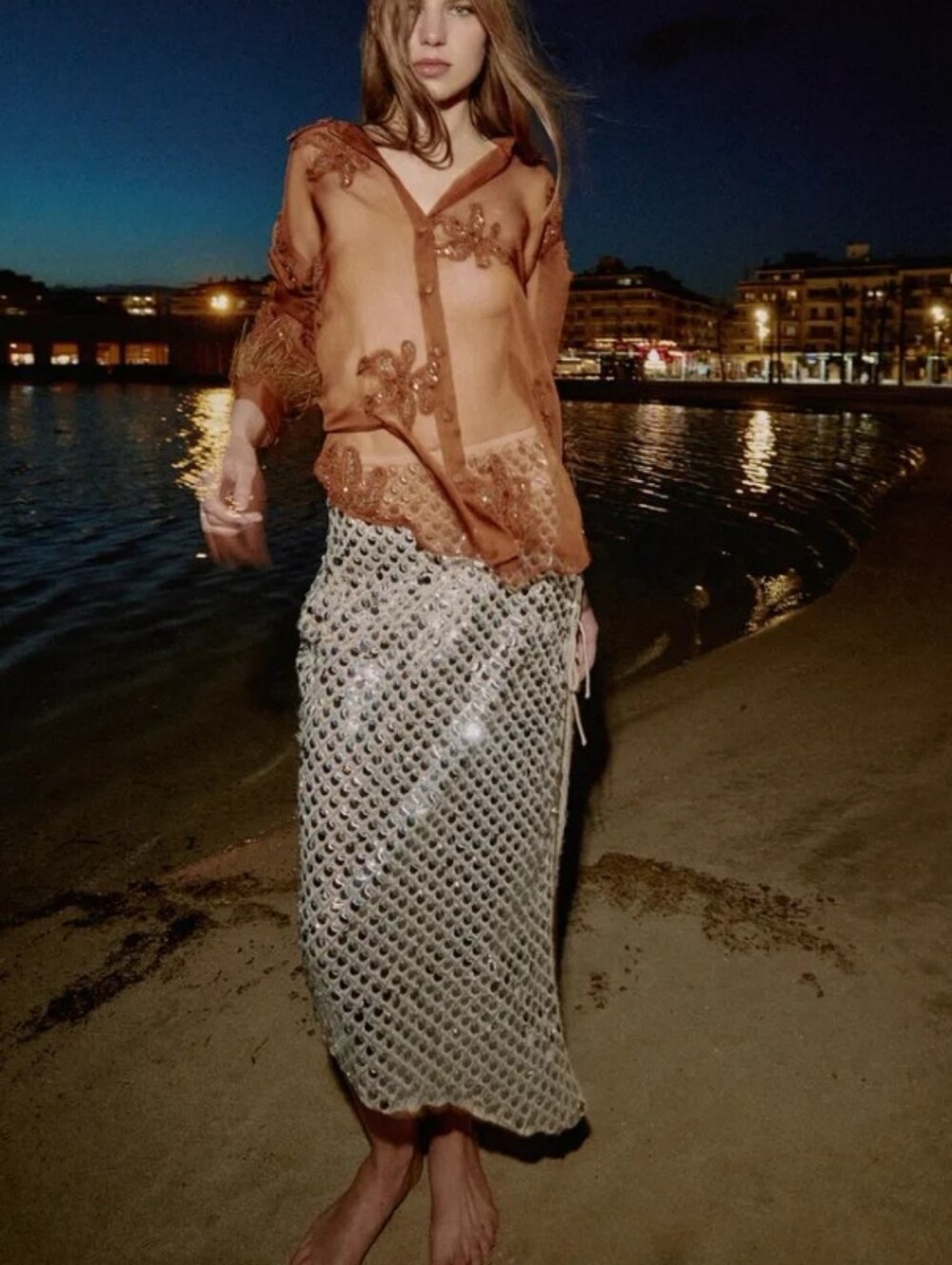 Zara Semi-sheer Floral Beaded Embroidery Feathered Long Sleeve With Front Button - Picture 10 of 11
